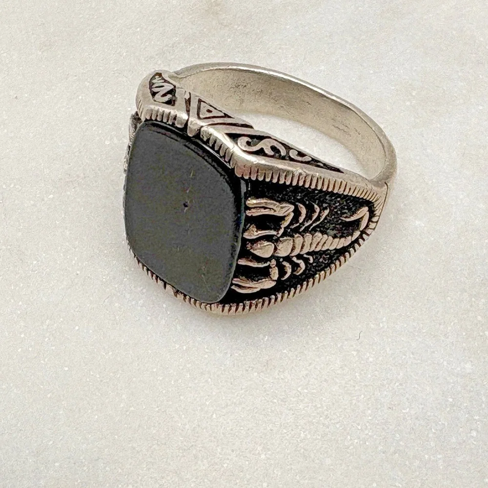 Vintage Estate Sterling Silver Onyx Mens Ring Size 11.5 Scorpion Biker Band READ